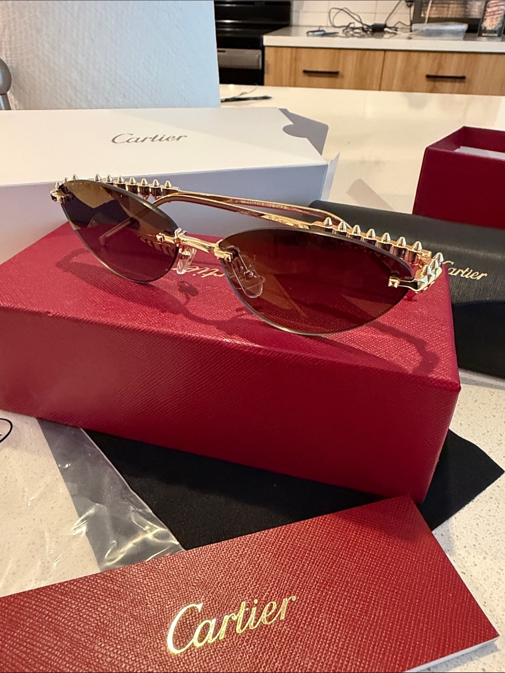 Cartier Gold Spike Rim Brown Lens Women's Sunglasses